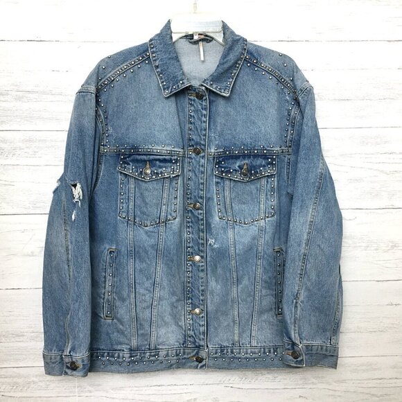Free People Women's Denim Jean Jacket Studded Oversized Trucker Distressed M - Picture 12 of 12